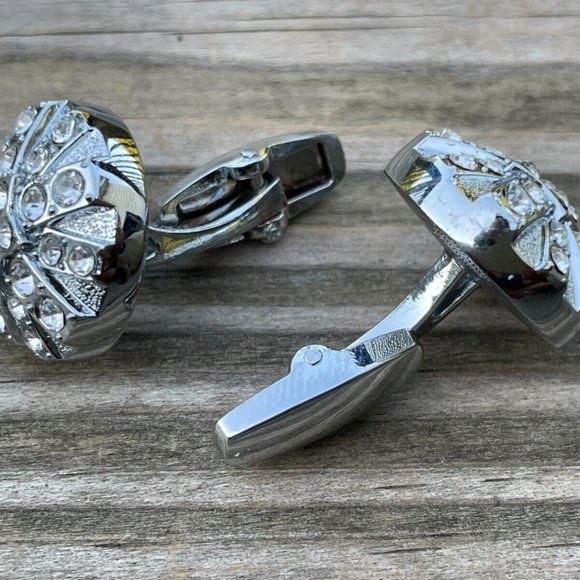 Cuff Links Men Shirt Crystal Accent Studd Cufflink Silver Tone Cuff link - Picture 11 of 12